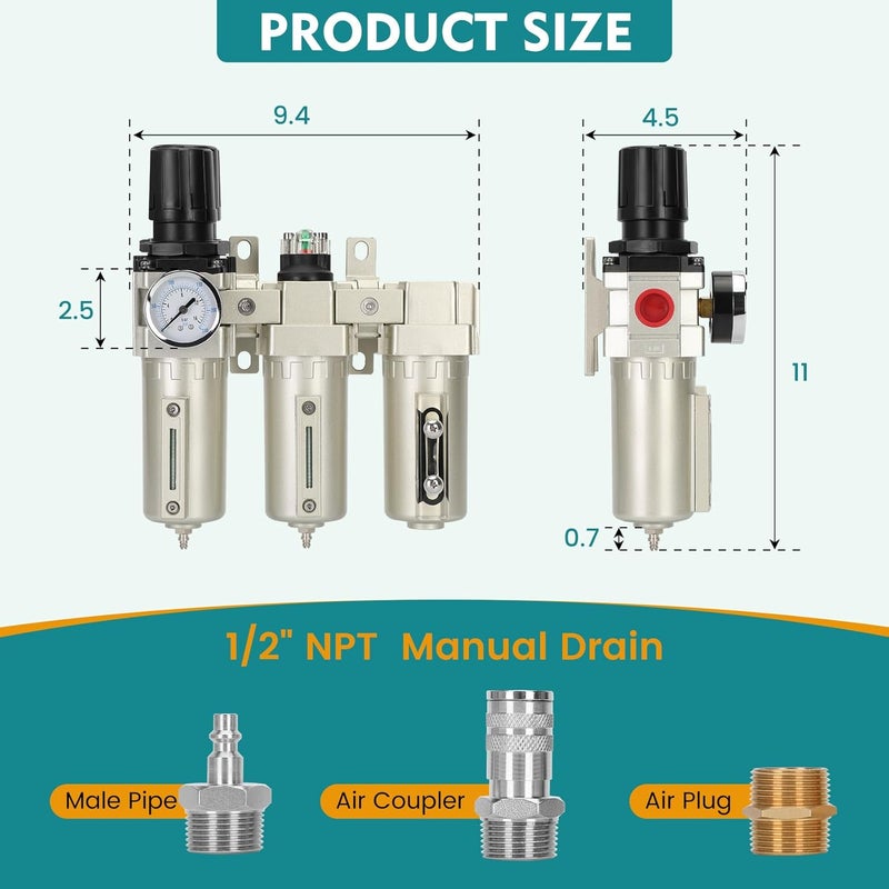 CAtArt 1/2" NPT Industrial Air Dryer for Compressor,3 Stage Air Compressor Water Separator System,Filter Oil Water Separator Dryer for Plasma Cutter and Paint Spray,Manual Drain - Image 2